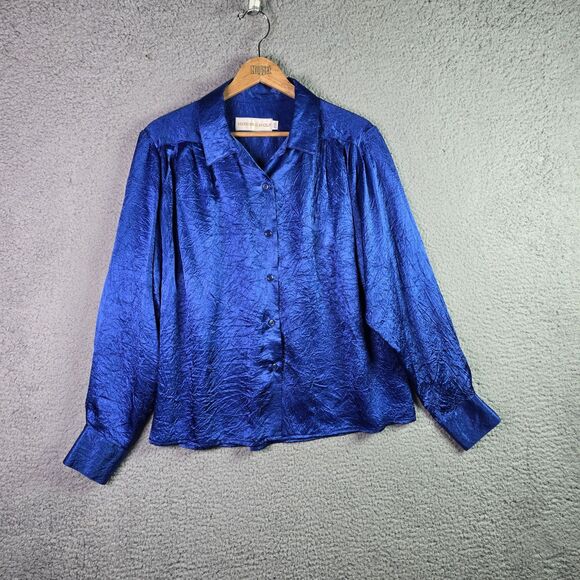 Vintage Howard Wolf Cobalt Blue Crinkle Puff Sleeve Button Up Top Statement 80s - Picture 13 of 15